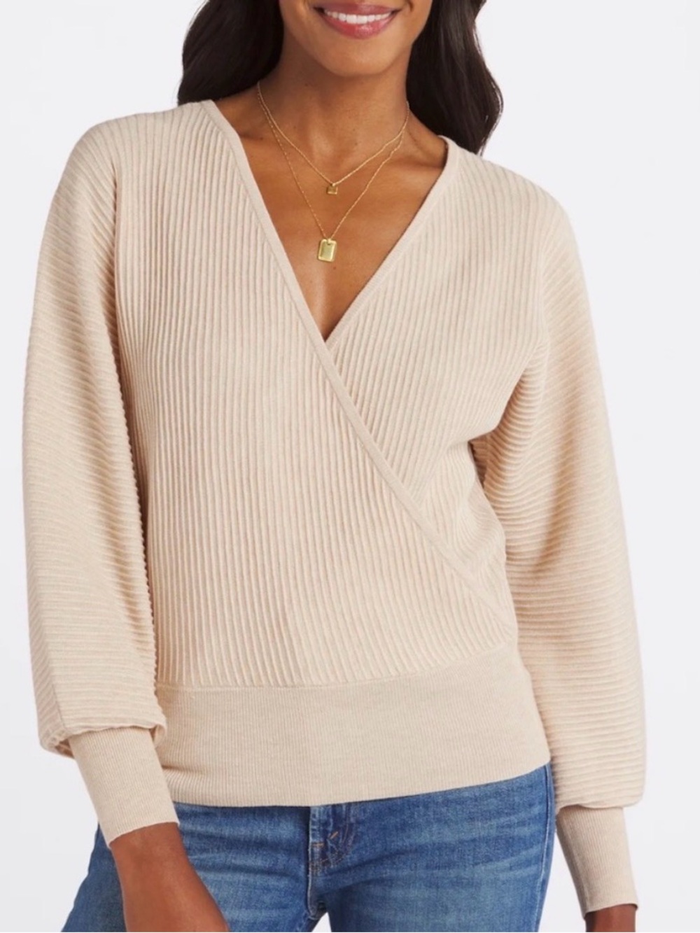 V-Neck Ribbed Wrap-Front Sweater in Cream